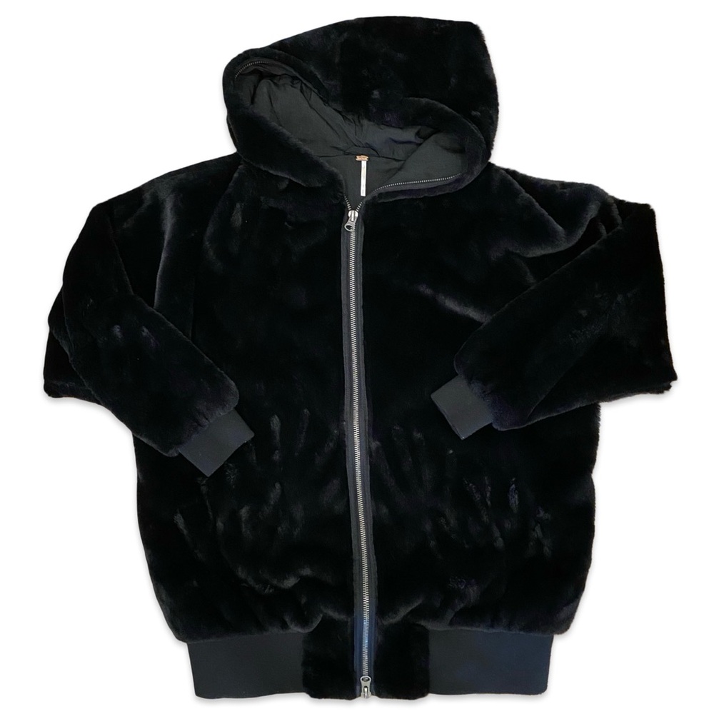 Free People Turn-Up Zip-Off Faux Fur Hoodie Jacket – Black – Size Small